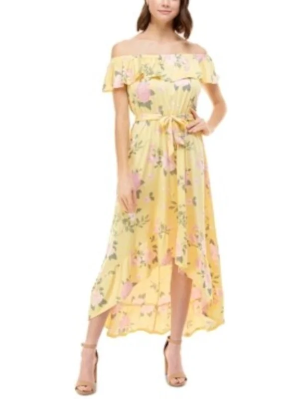 Savings Bonanza DEREK HEART Womens Yellow Stretch Ruffled Elastic Waist Self-tie Belt Floral Flutter Sleeve Off Shoulder Maxi Party Hi-Lo Dress