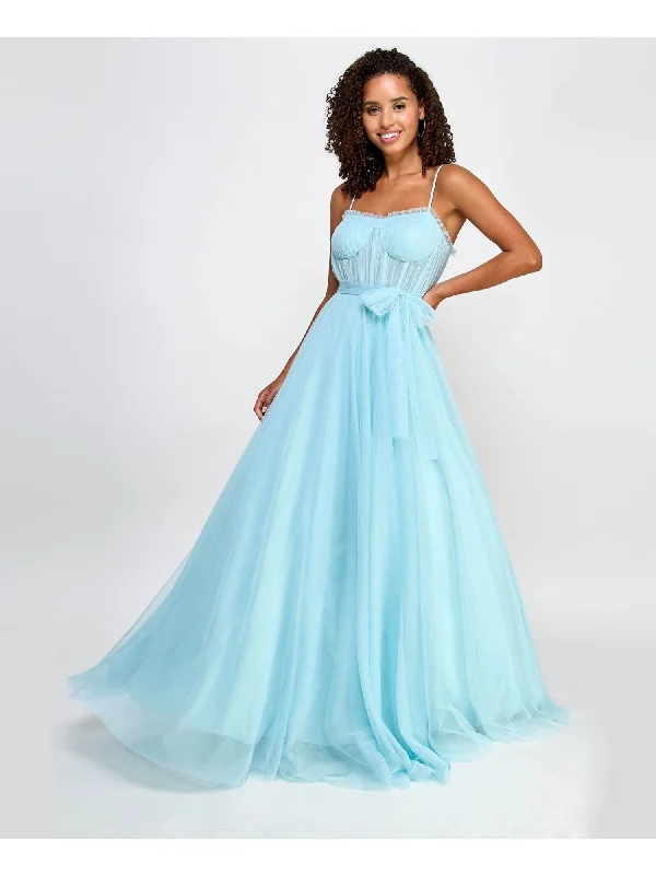 Buy Now CITY STUDIO Womens Light Blue Ruffled Lined Sheer Bustier-style Bodice Tie S Spaghetti Strap Sweetheart Neckline Full-Length Formal Fit + Flare Dress