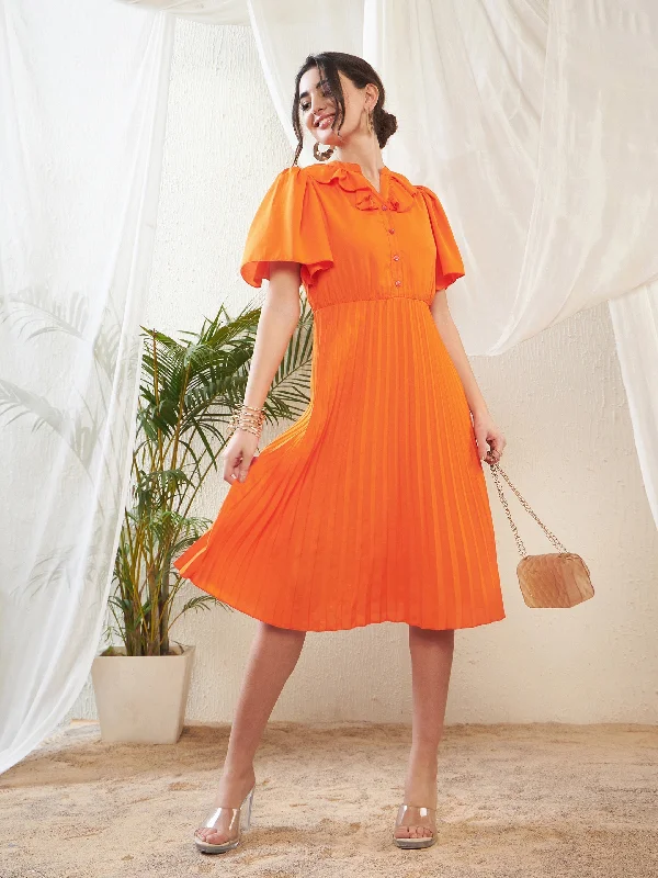 Year-End Sale Women Orange Frill Neck Accordion Pleated Midi Dress