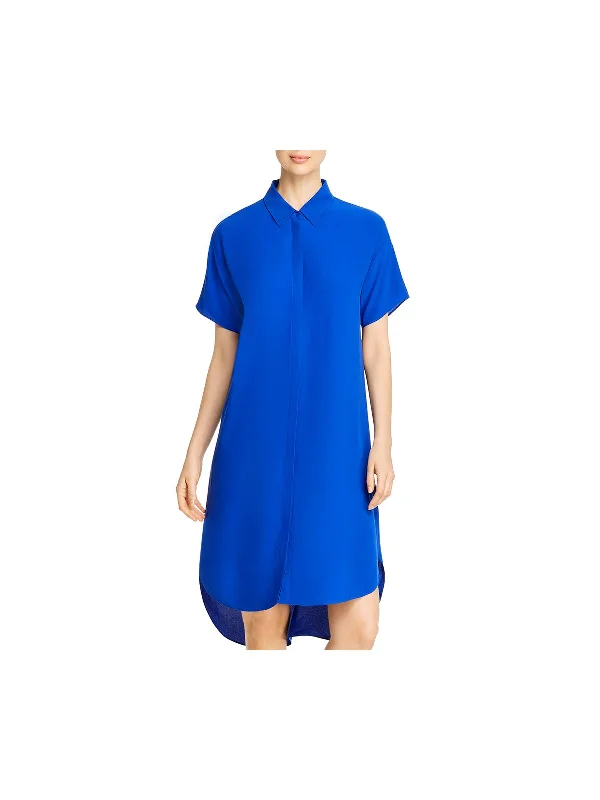 Super Bargain EILEEN FISHER Womens Blue Short Sleeve Point Collar Midi Shirt Dress