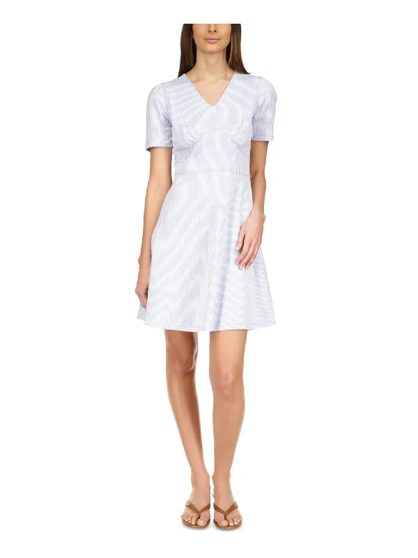 Discount Extravaganza MICHAEL MICHAEL KORS Womens Blue Zippered Textured Unlined Striped Flutter Sleeve V Neck Short Fit + Flare Dress