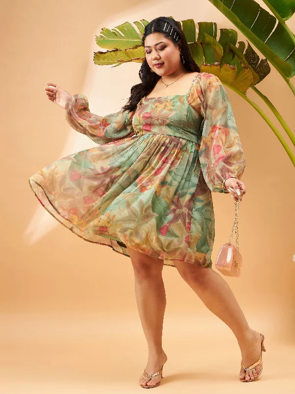Closeout Women Green Chiffon Jungle Print Back Smocking Skater Dress