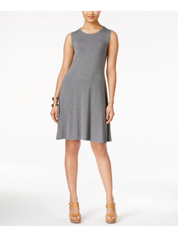 Lowest Price STYLE & COMPANY Womens Gray Knit Heather Sleeveless Round Neck Above The Knee Trapeze Dress
