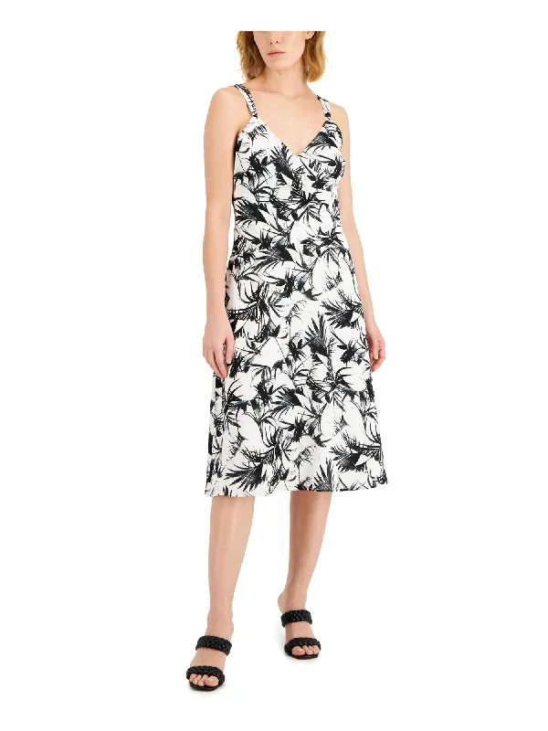 Super Deal DONNA KARAN NEW YORK Womens White Pleated Lined Pullover Printed Sleeveless Surplice Neckline Below The Knee Fit + Flare Dress