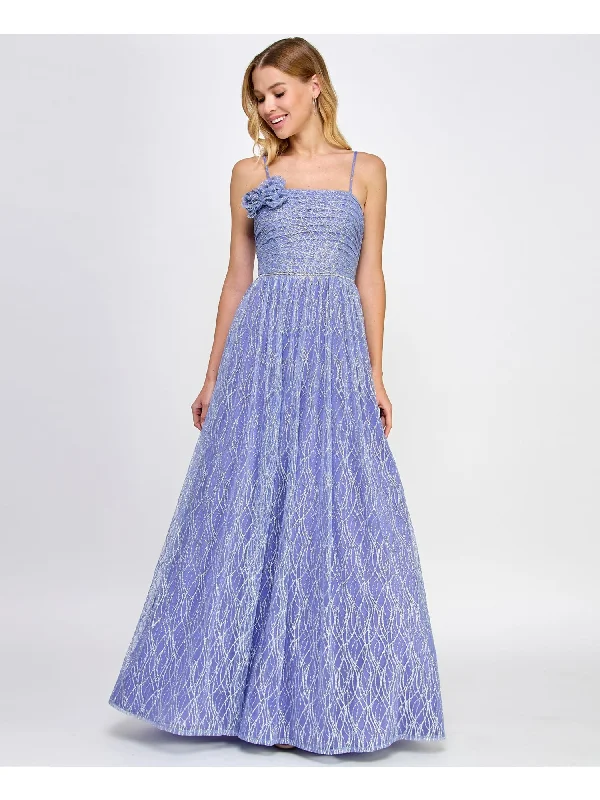 Exclusive Deal CITY STUDIO Womens Light Blue Zippered Adjustable Embellished Waist Glitter Mesh L Sleeveless Square Neck Full-Length Prom Fit + Flare Dress