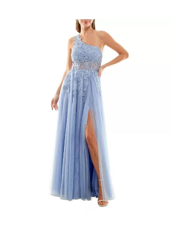 Bonus Savings SAY YES TO THE PROM Womens Blue Zippered Rhinestone Lined Slitted Sheer Midriff Sleeveless Asymmetrical Neckline Full-Length Formal Gown Dress