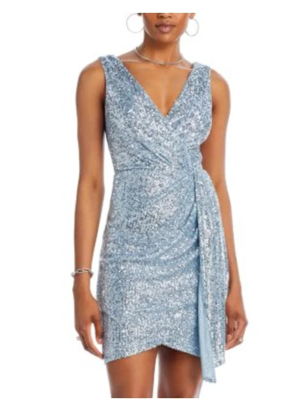 Hot Deal ELIZA J Womens Light Blue Pleated Zippered Cascade Trim Lined Sleeveless Surplice Neckline Above The Knee Party Faux Wrap Dress