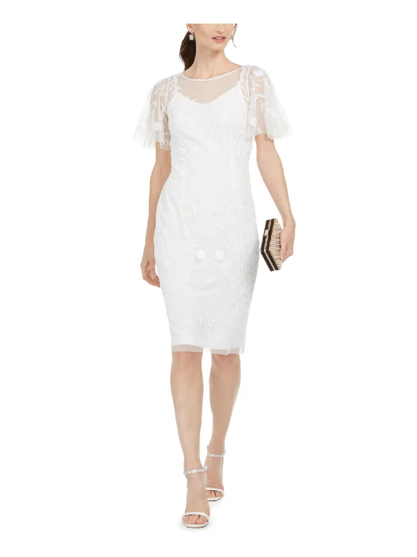 Deal Dash ADRIANNA PAPELL Womens Ivory Embellished Flutter Sleeve Illusion Neckline Knee Length Formal Sheath Dress
