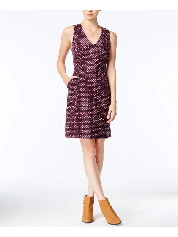 Extra Savings MAISON JULES Womens Maroon Pocketed Geometric Sleeveless V Neck Above The Knee Sheath Dress
