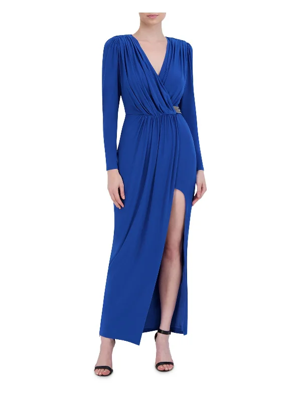 Super Sale BCBG MAXAZRIA Womens Blue Gathered Zippered Shirred Waist Beaded Accent Slit Long Sleeve Surplice Neckline Full-Length Evening Faux Wrap Dress