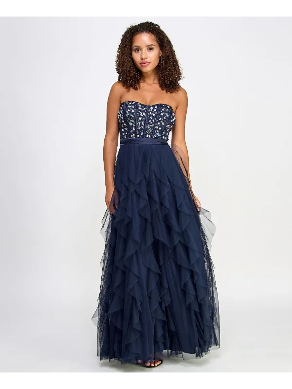 Value Deals PEAR CULTURE Womens Navy Embellished Lined Mesh Zippered Lace Up Open Back Sleeveless Sweetheart Neckline Full-Length Formal Gown Dress
