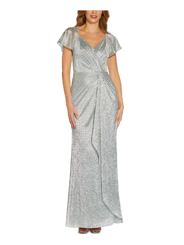 YEAR-End Clearance ADRIANNA PAPELL Womens Blue Zippered Twist Front Lined Hi Slit Pleated Sheer Flutter Sleeve Sweetheart Neckline Full-Length Formal Gown Dress