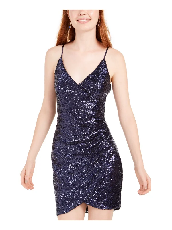 Exclusive Preview TRIXXI Womens Blue Sequined Spaghetti Strap V Neck Mini Cocktail Body Con Dress