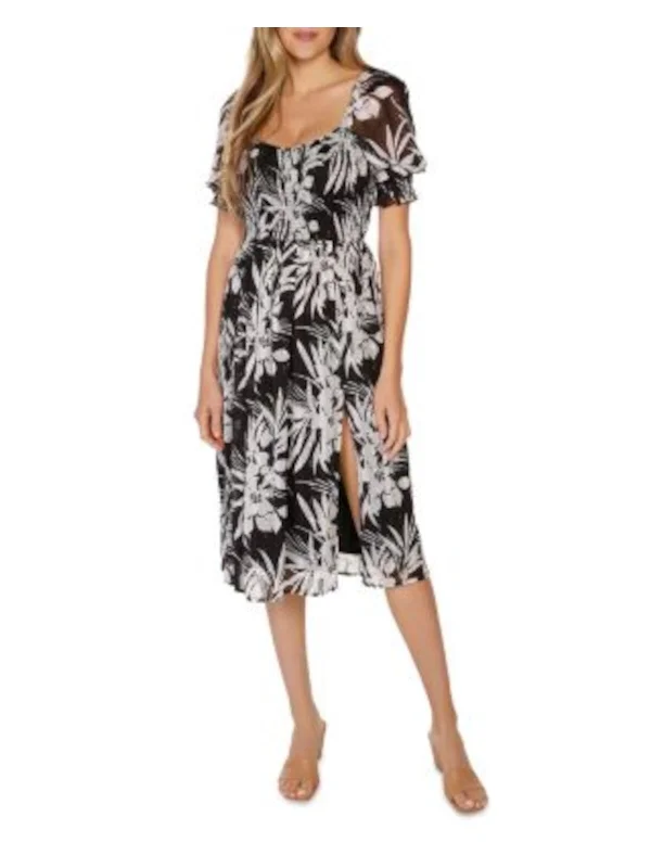 Super Bargain BELLDINI Womens Black Slitted Lined Smocked Bodice Pouf Sleeve V Neck Below The Knee Party Fit + Flare Dress