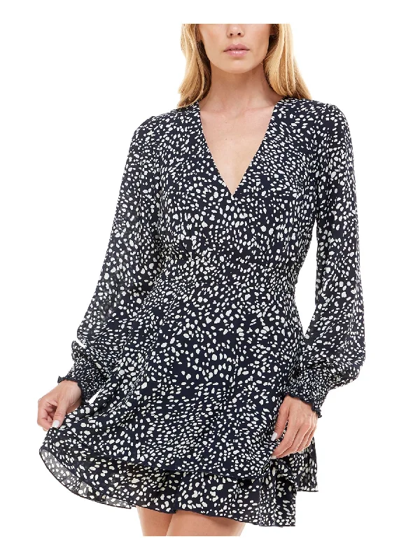 Friends and Family Sale EMERALD SUNDAE Womens Navy Ruffled Sheer Long Sleeve V Neck Short Party Fit + Flare Dress