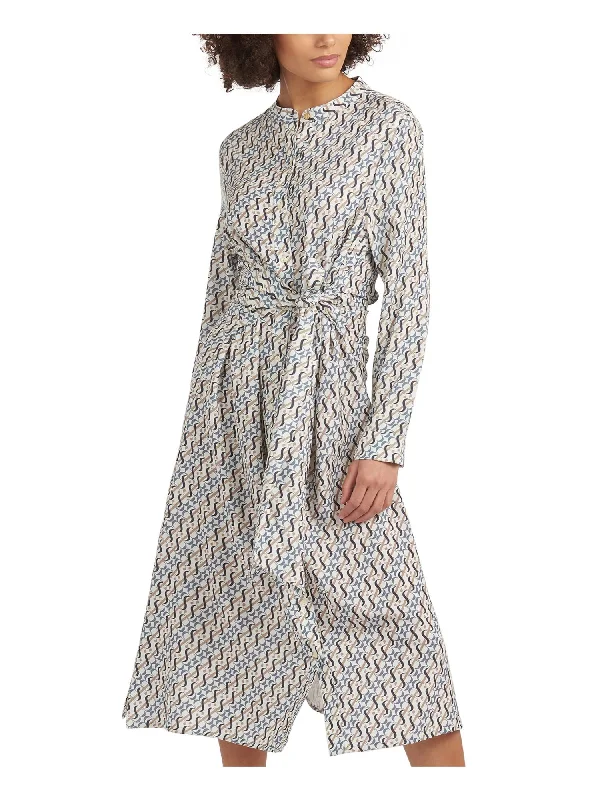 Midnight Madness BARBOUR Womens Ivory Tie Highlands Printed Long Sleeve Below The Knee Shirt Dress