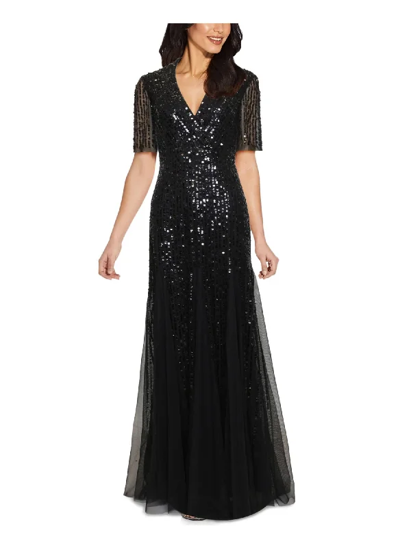 New Markdowns ADRIANNA PAPELL Womens Black Sequined Fitted Tuxedo Style Illusion Godets Short Sleeve V Neck Full-Length Formal Gown Dress