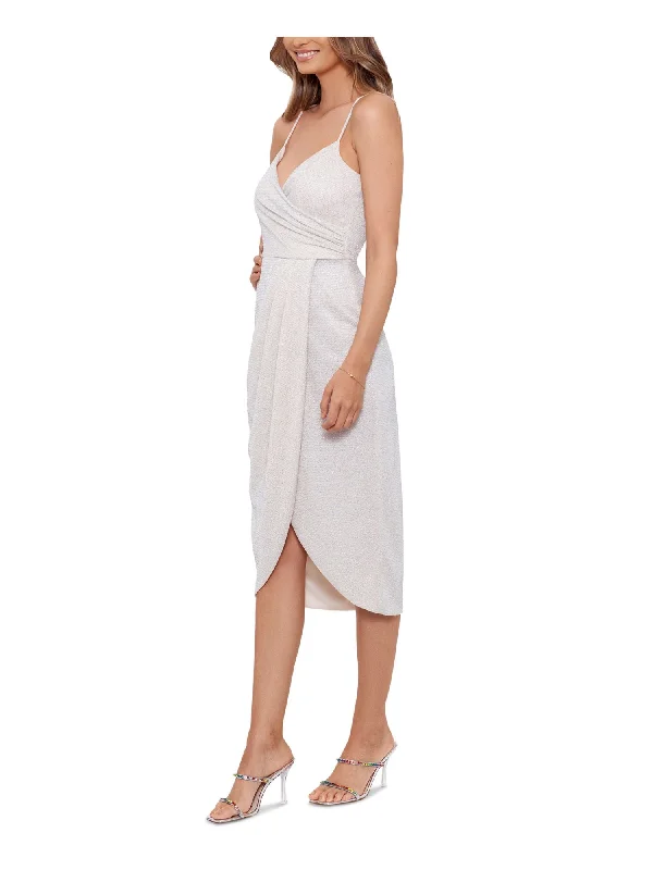 Lowest Price BETSY & ADAM Womens Ivory Pleated Zippered Asymmetrical-hem Lined Bodice Spaghetti Strap Surplice Neckline Tea-Length Evening Sheath Dress