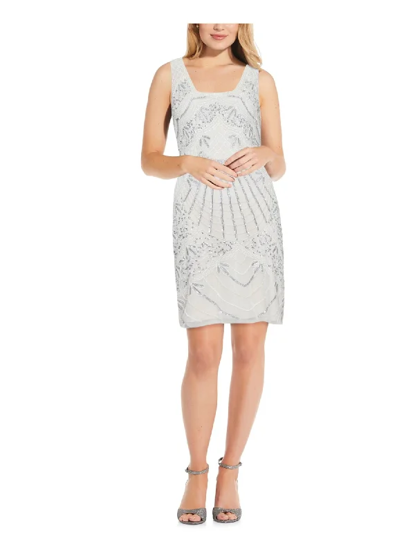 Deal Explosion ADRIANNA PAPELL Womens Beige Beaded Fitted Zippered Sleeveless Square Neck Above The Knee Formal Sheath Dress