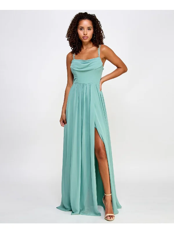 Sale Event CITY STUDIO Womens Green Zippered Slitted Crochet Back Faux-wrap Overlay Spaghetti Strap Cowl Neck Full-Length Prom Gown Dress