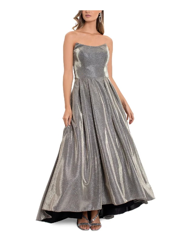Best Deals BETSY & ADAM Womens Silver Pocketed Zippered Tulle Pleated Boning Hi Lo Hem Sleeveless Strapless Full-Length Formal Gown Dress