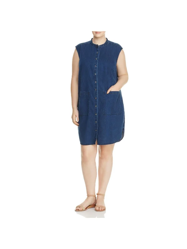 Don't Miss EILEEN FISHER Womens Navy Denim Pocketed Slitted Curved Hem Unlined Sleeveless Mandarin Collar Knee Length Wear To Work Shirt Dress Don't Miss EILEEN FISHER Womens Navy Denim Pocketed Slitted Curved Hem Unlined Sleeveless Mandarin Collar Knee Length Wear To Work Shirt Dress