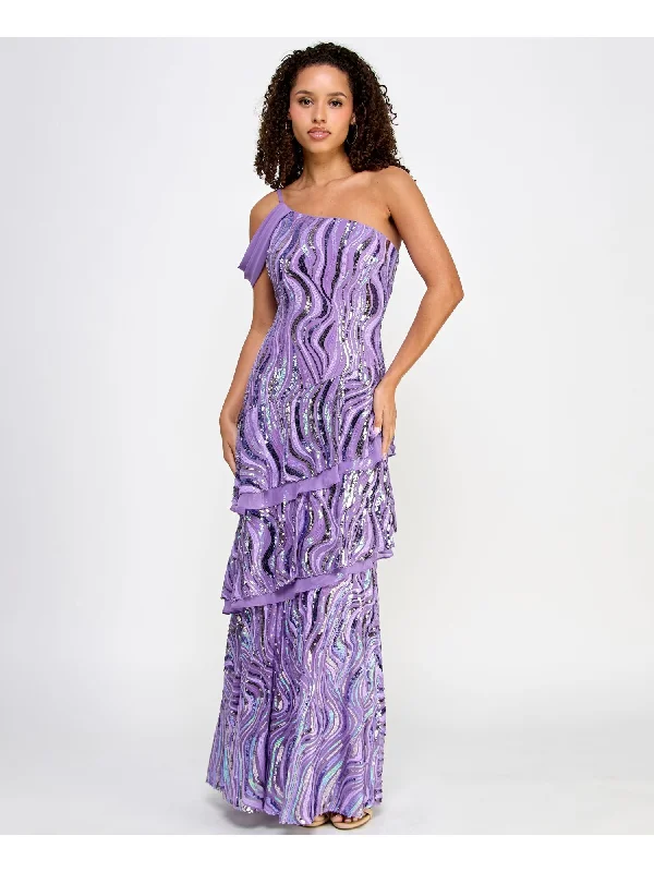 Weekend Special MORGAN & CO Womens Purple Sequined Zippered Lined Tiered Single Strap With S Sleeveless Asymmetrical Neckline Full-Length Formal Gown Dress