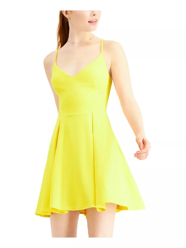 YEAR-End Sale B DARLIN Womens Yellow Stretch Pleated Spaghetti Strap V Neck Short Party Fit + Flare Dress