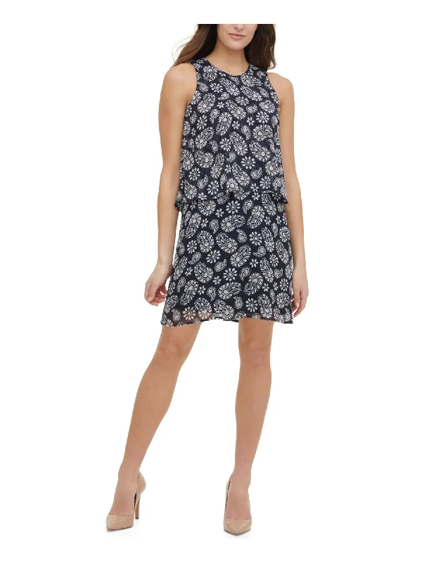 Savings Alert TOMMY HILFIGER Womens Navy Ruffled Chiffon Tiered Keyhole-back Paisley Sleeveless Crew Neck Short Party Shift Dress