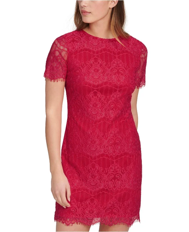 Flash Deals KENSIE DRESSES Womens Pink Stretch Zippered Lace Scalloped Short Sleeve Crew Neck Short Party Sheath Dress