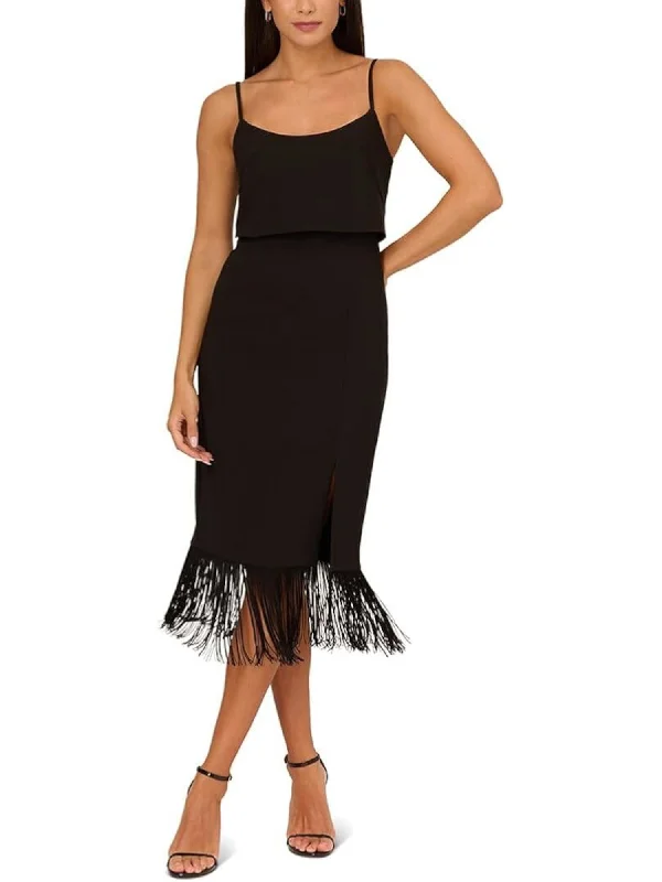 Best Bargains AIDAN Womens Black Zippered Slitted Fold-over Fringed-hem Lined Spaghetti Strap Scoop Neck Midi Party Sheath Dress