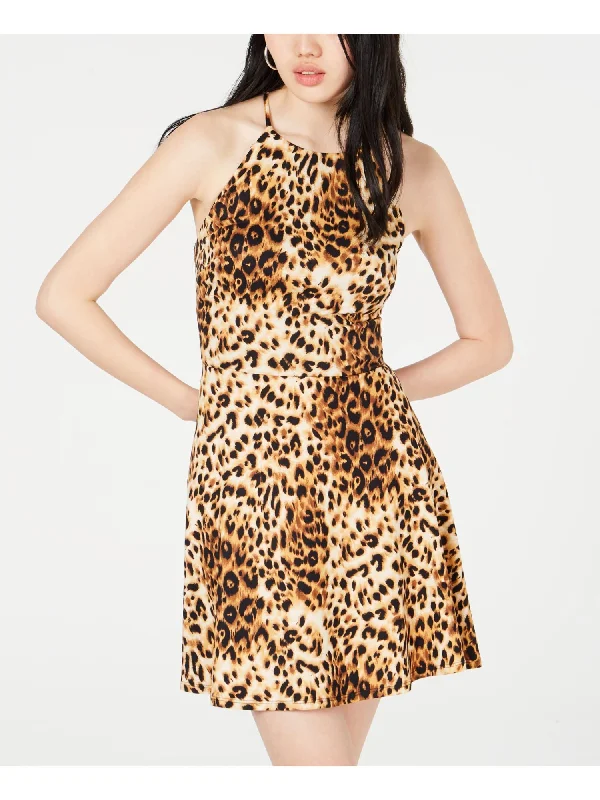Exclusive Savings BCX Womens Beige Animal Print Halter Short Party Fit + Flare Dress