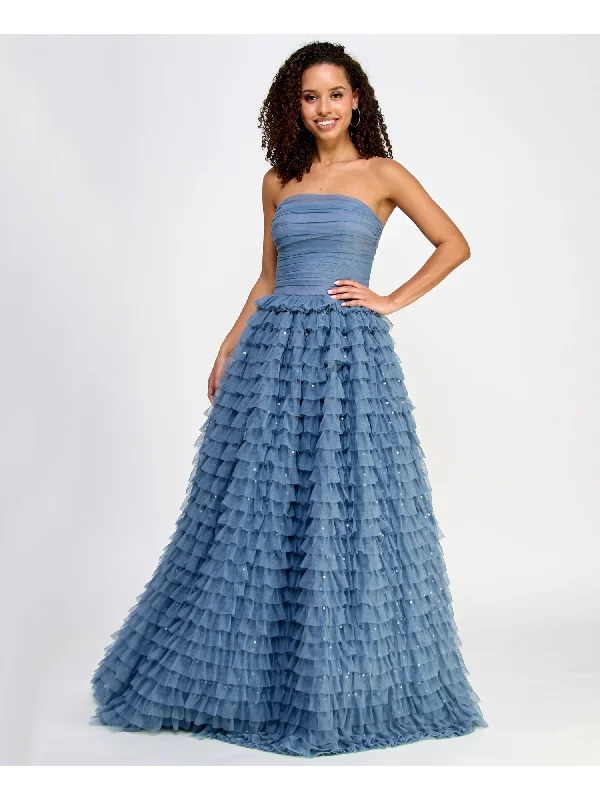 Extra Savings SAY YES TO THE PROM Womens Gray Sequined Zippered Lined Ruched Bodice Tiered Ruffl Sleeveless Strapless Full-Length Formal Gown Dress