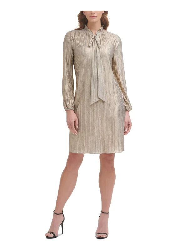 Weekend Deal DKNY Womens Gray Pleated Pullover Keyhole Long Sleeve Tie Neck Above The Knee Wear To Work Shift Dress