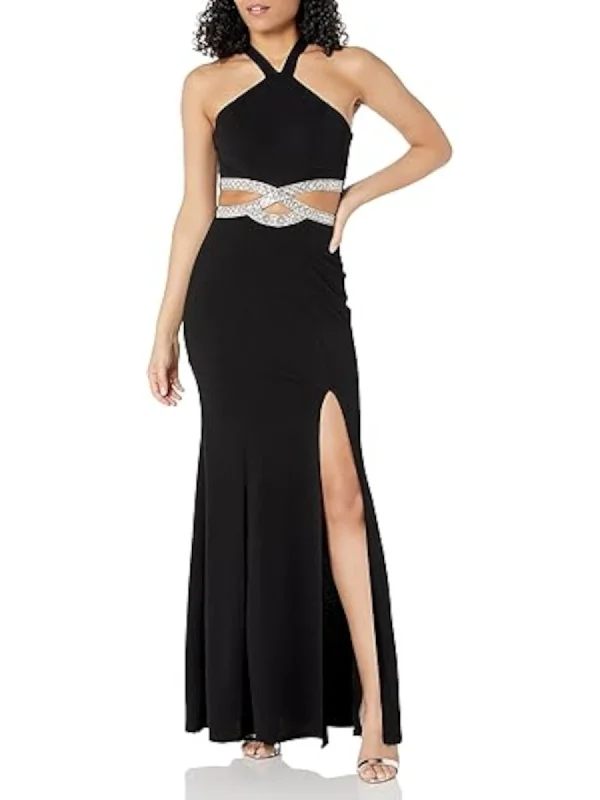 Act Fast SPEECHLESS Womens Black Cut Out Embellished Slitted Unlined Zippered Sleeveless Halter Full-Length Formal Sheath Dress