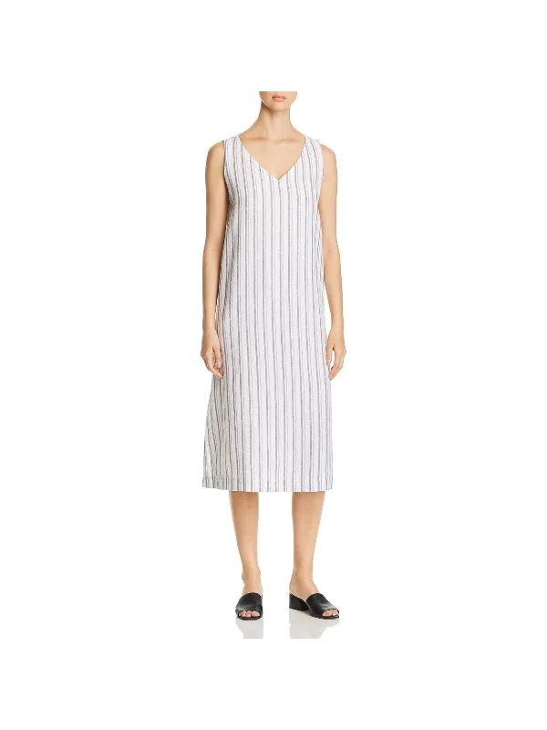 The Best Prices EILEEN FISHER Womens White Striped Sleeveless V Neck Midi Shift Dress