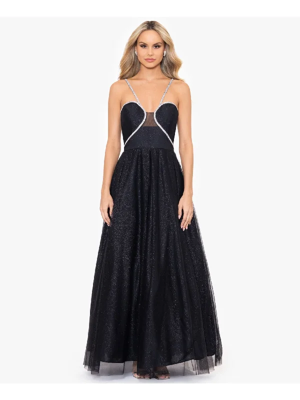 Closeout Sale BLONDIE NITES Womens Black Zippered Lined Rhinestone Trim Padded Cups Spaghetti Strap Sweetheart Neckline Full-Length Prom Gown Dress