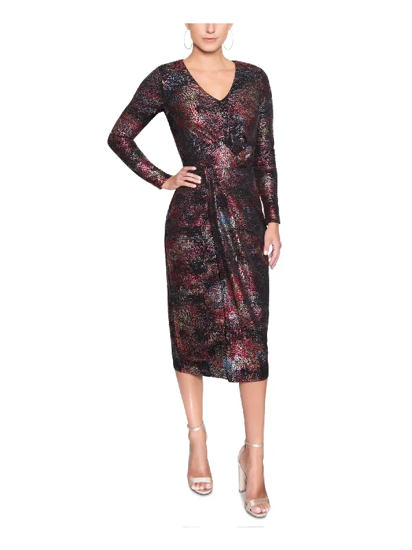 Referral Discount RACHEL RACHEL ROY Womens Black Stretch Zippered Ruched Long Sleeve V Neck Below The Knee Evening Sheath Dress