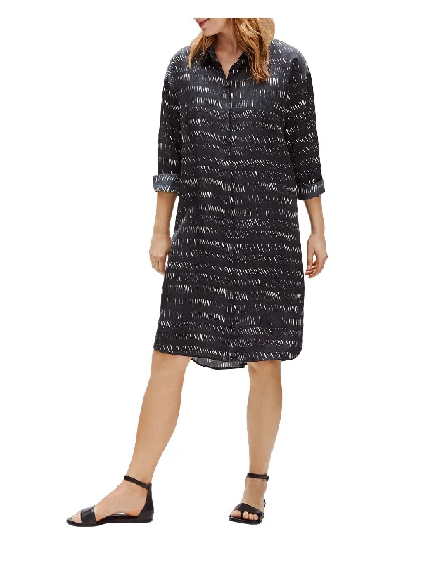 Super Deal EILEEN FISHER Womens Black Printed 3/4 Sleeve Collared Above The Knee Shirt Dress