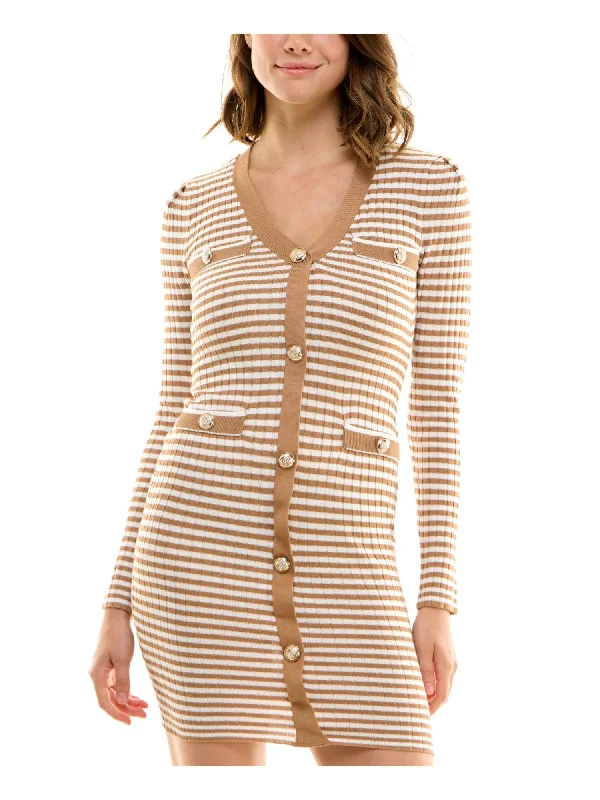 Buy Now CRAVE FAME Womens Brown Stretch Ribbed Button Accents Striped Long Sleeve V Neck Short Body Con Dress
