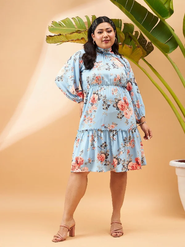 Stock Clearance Women Turquoise Blue Floral Tiered Skater Dress
