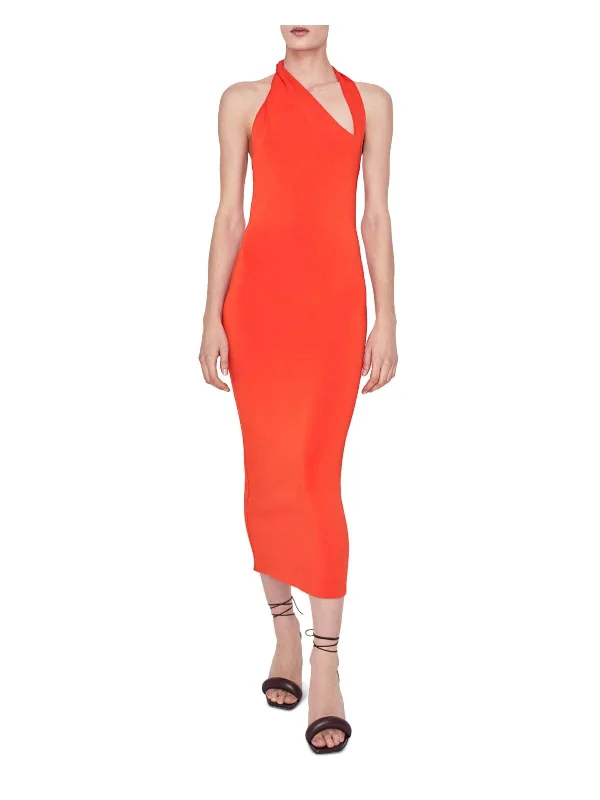Price Blitz GALVAN LONDON Womens Orange Textured Open Back Unlined Pullover Cutout Sleeveless Asymmetrical Neckline Midi Cocktail Body Con Dress