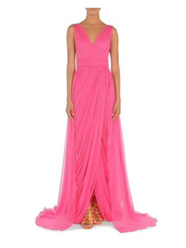 Online Exclusive ALBERTA FERRETTI Womens Pink Pleated Zippered Ruched Layered Lined Sleeveless Surplice Neckline Full-Length Evening Gown Dress