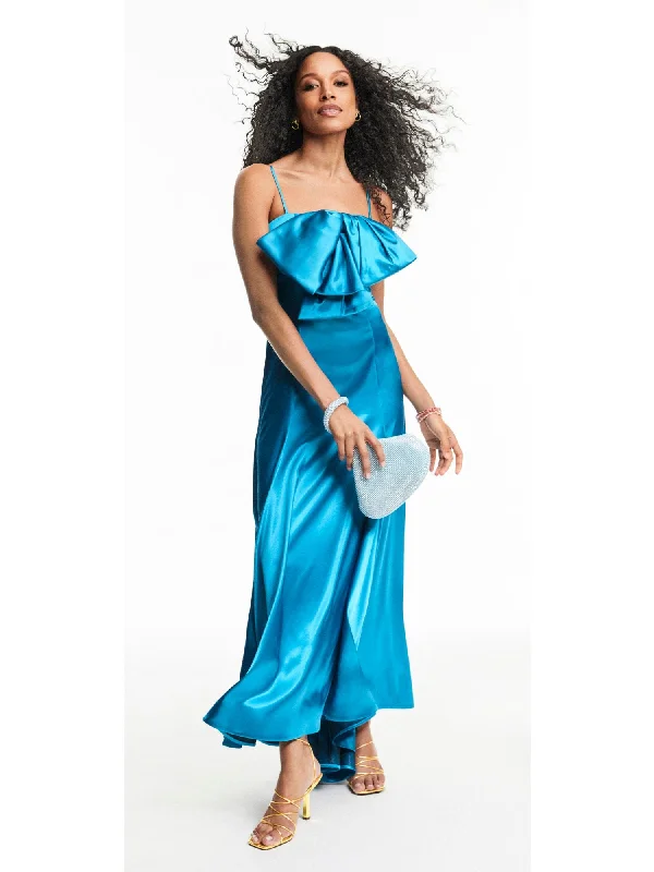 Clearance Event TAYLOR Womens Teal Zippered Pleated Exaggerated Bow Hi-lo Hem Spaghetti Strap Square Neck Full-Length Formal Gown Dress