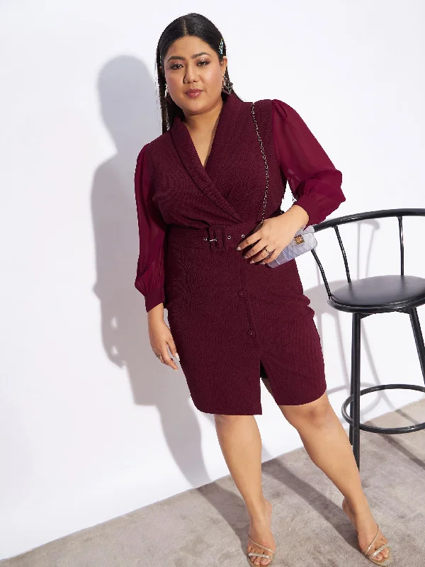 Low Prices Women Maroon Front Belt Bodycon Dress