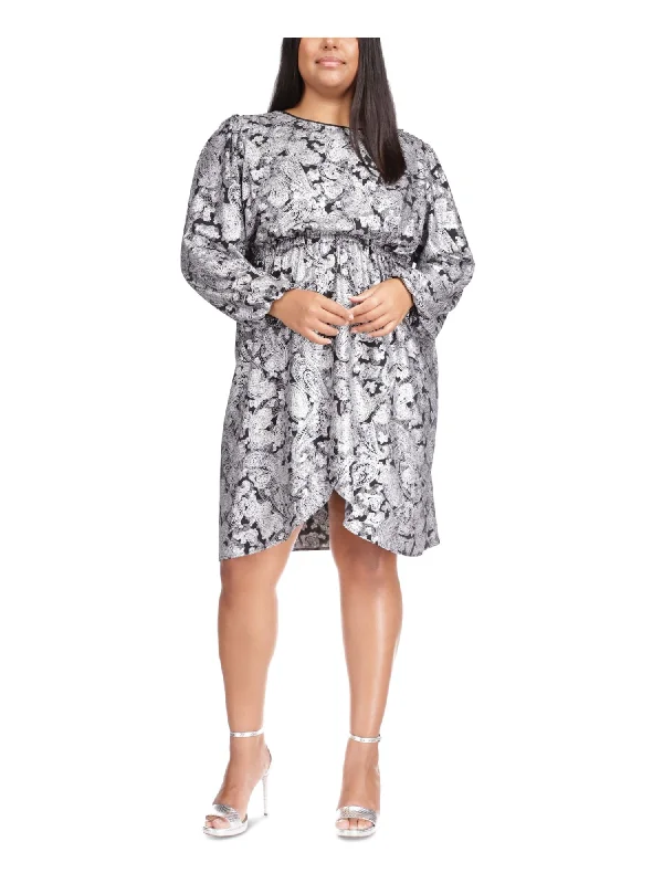 Buy More, Save More MICHAEL MICHAEL KORS Womens Black Ruffled Keyhole Back Elastic Waist Paisley Pouf Sleeve Boat Neck Above The Knee Party Tulip Dress