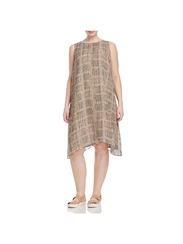 Overstock EILEEN FISHER Womens Beige Plaid Sleeveless Round Neck Midi Trapeze Dress