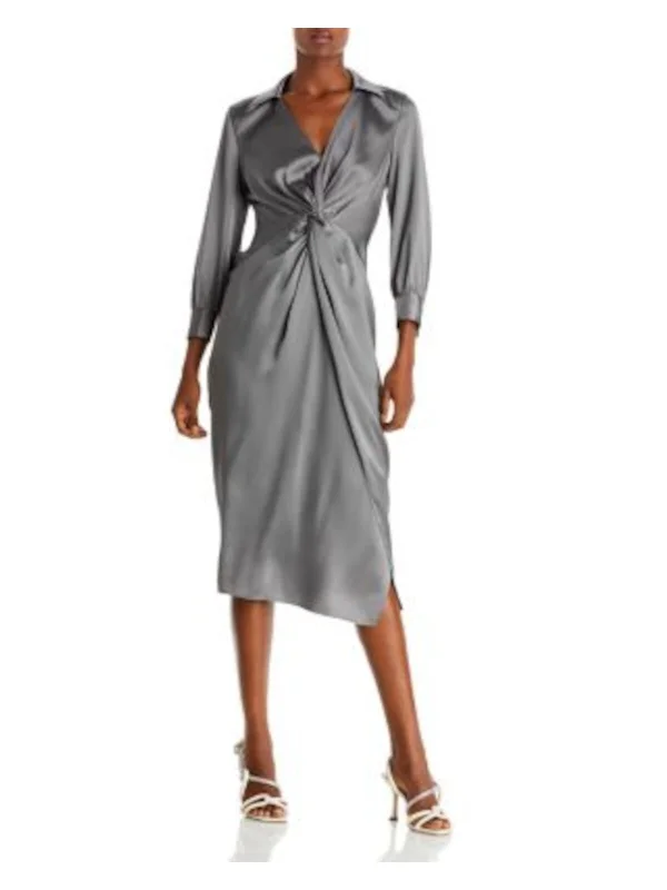 Seasonal Sale THEORY Womens Gray Zippered Twist Front Pleated Overay Skirt Cuffed Sleeve Surplice Neckline Midi Party Sheath Dress