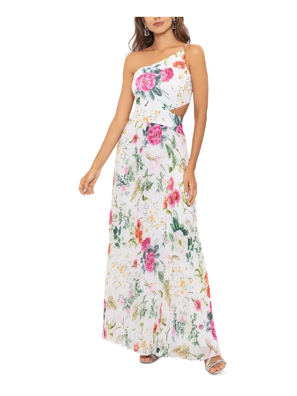 Flash Sale BETSY & ADAM Womens White Pleated Zippered Side Cut-out Lined Floral Sleeveless Asymmetrical Neckline Full-Length Evening Gown Dress