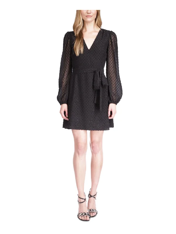Price Break MICHAEL MICHAEL KORS Womens Black Lined Tie Long Sleeve Surplice Neckline Short Party Wrap Dress